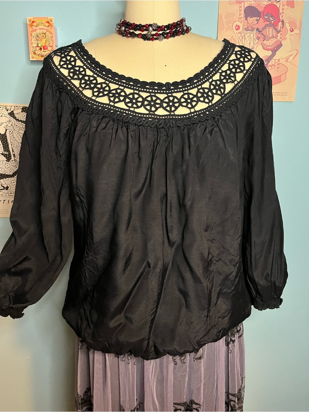 Max Studio Billowy Embroidered Crochet Lace Whimsigoth Top M